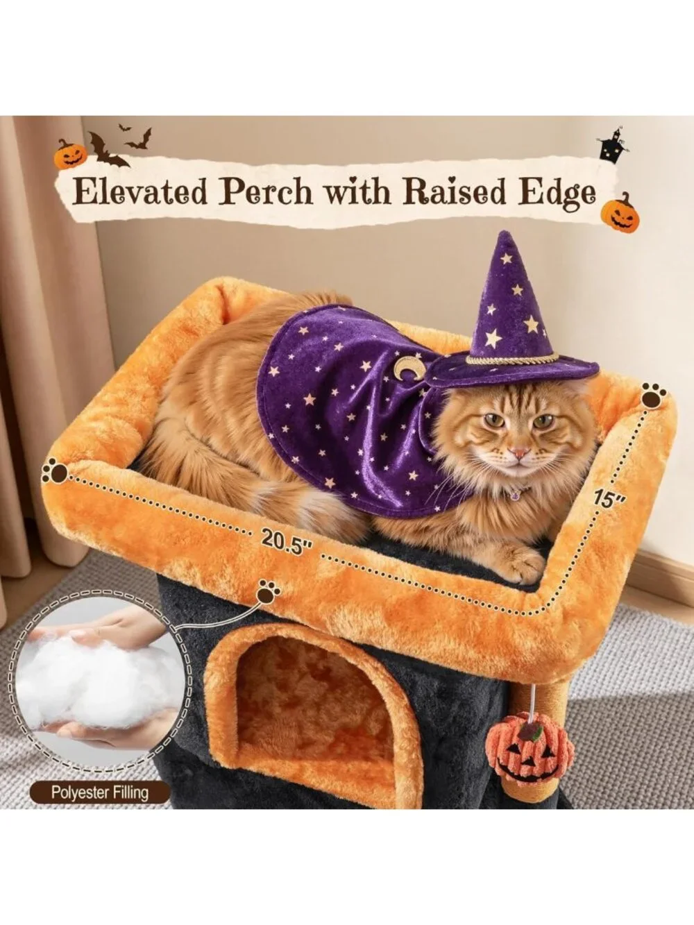 Halloween Cat Tree for Cats - Black & Pumpkin Orange Small Cat Tower, Fun & Cozy
